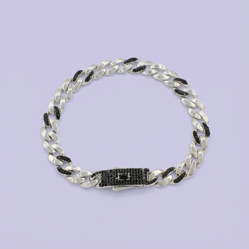 Pulsera de Plata .925 de Tejido Cubano Especial Incrustado de Zirconias en Eslabones mod. 1762