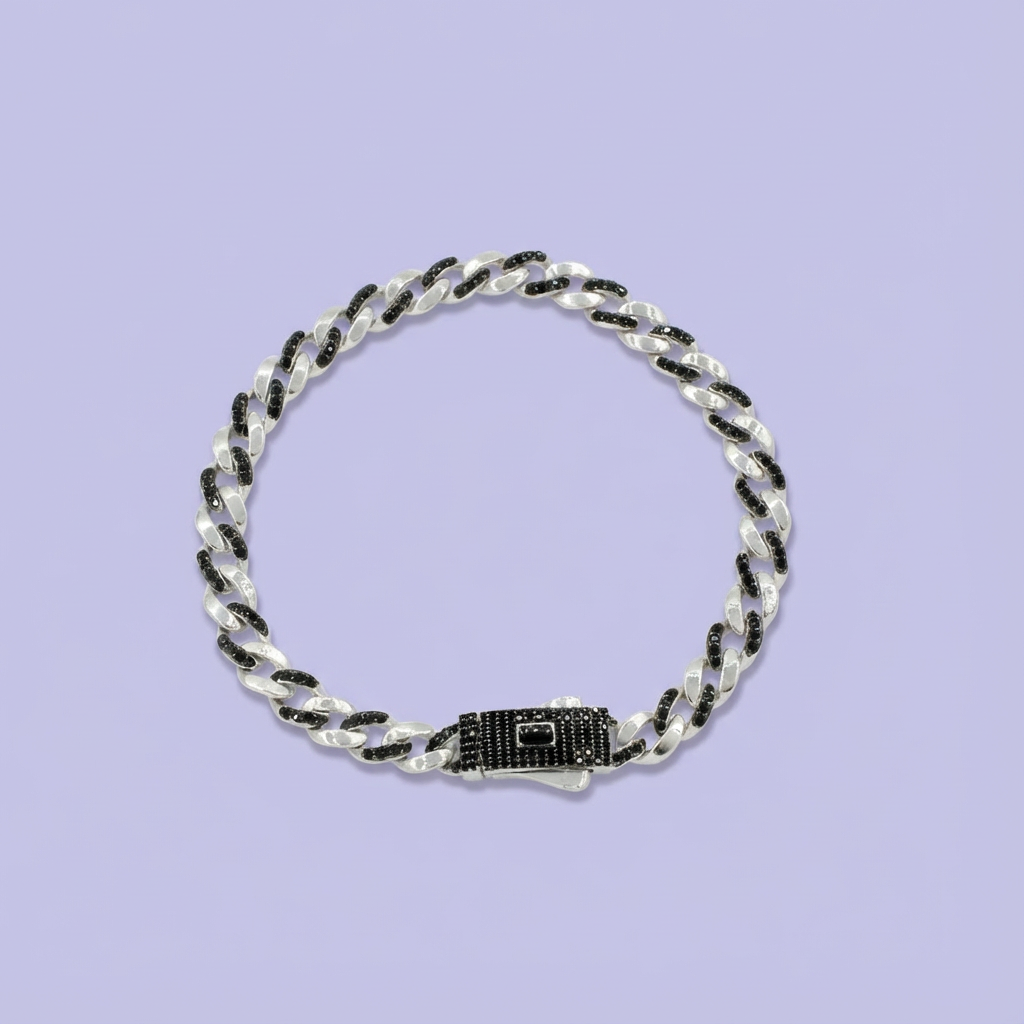 Pulsera de Plata .925 de Tejido Cubano Especial con Zirconias Obscuras en Eslabones mod. 1757