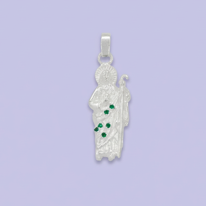 Dije Bulto de Plata .925 San Judas  Incrustado de Zirconias Brillantes en Color Verde mod. 1768