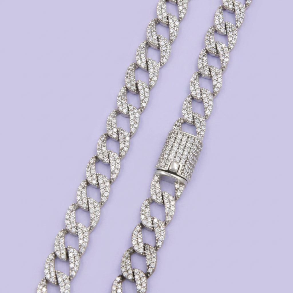 Cadena de Plata .925 Especial de Tejido Barbado Hueco con Broche Fino Incrustada con Zirconias mod. 1891