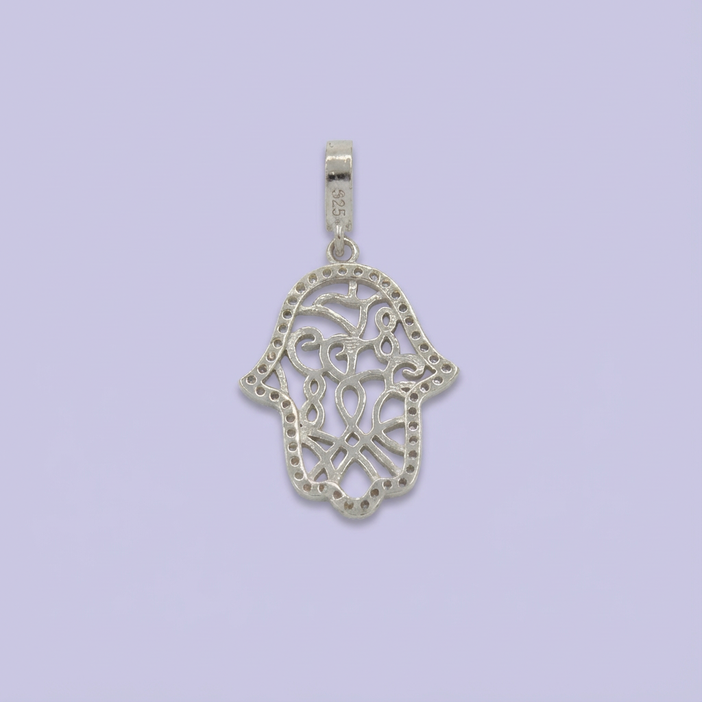 Dije de Plata .925 con Diseño de Mano de Fátima Incrustado de Zirconias mod. 1786