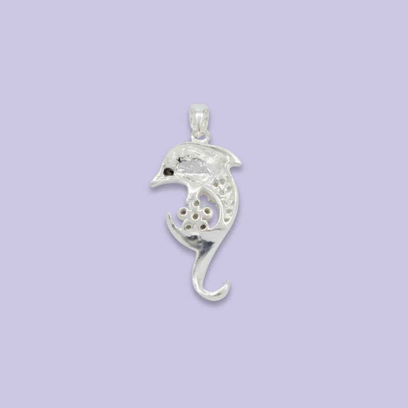 Dije de Plata .925 con Diseño de Delfín con Flor Incrustada de Zirconias Brillantes mod. 1795