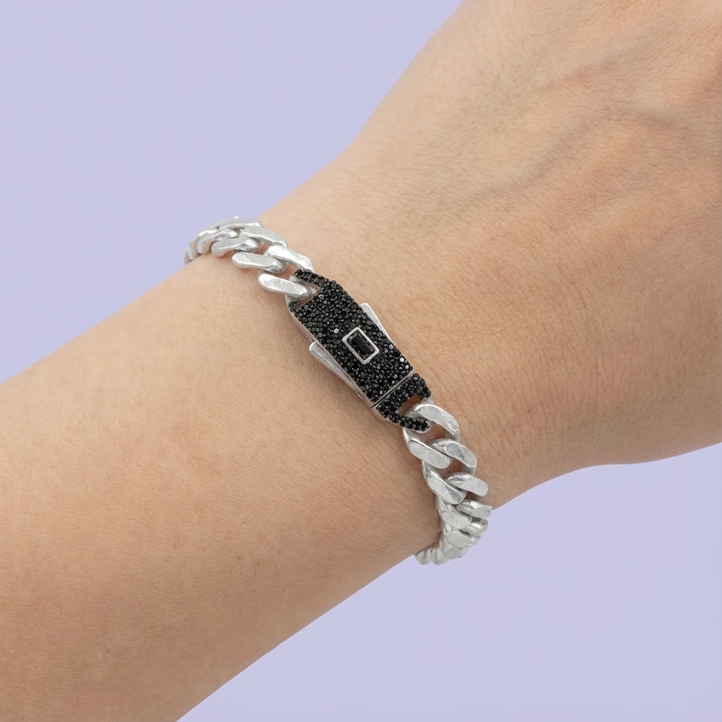 Pulsera de Plata .925 de Tejido Cubano Especial con Zirconias Obscuras mod. 1756