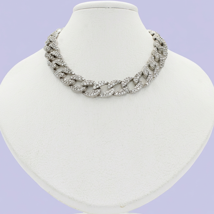 Cadena de Plata .925 Especial de Tejido Barbado Hueco con Broche Fino Incrustada con Zirconias mod. 1891