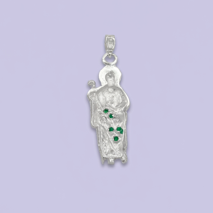 Dije Bulto de Plata .925 San Judas  Incrustado de Zirconias Brillantes en Color Verde mod. 1768