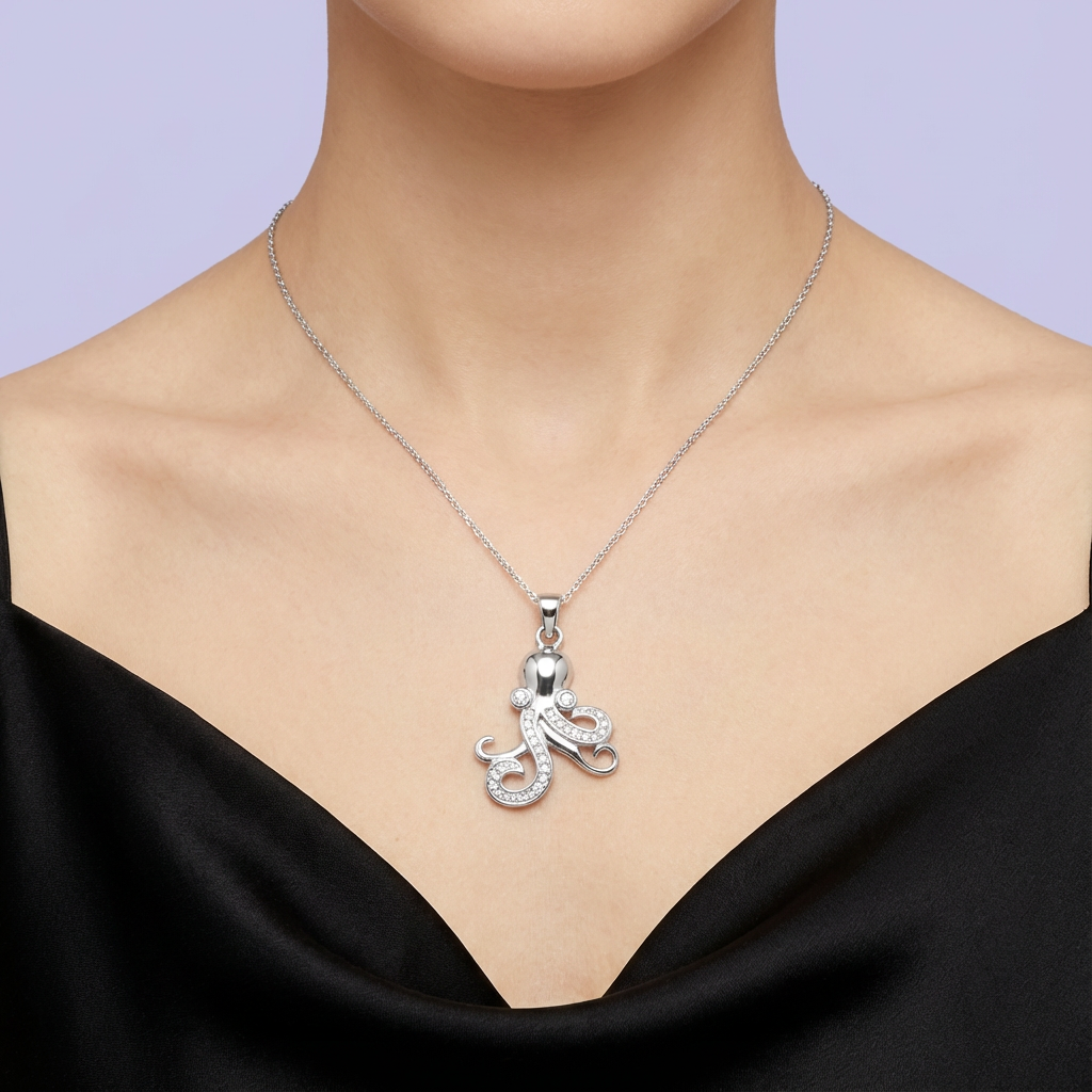 Dije de Plata .925 con Diseño de Pulpo Incrustado de Zirconias Finas mod. 1791