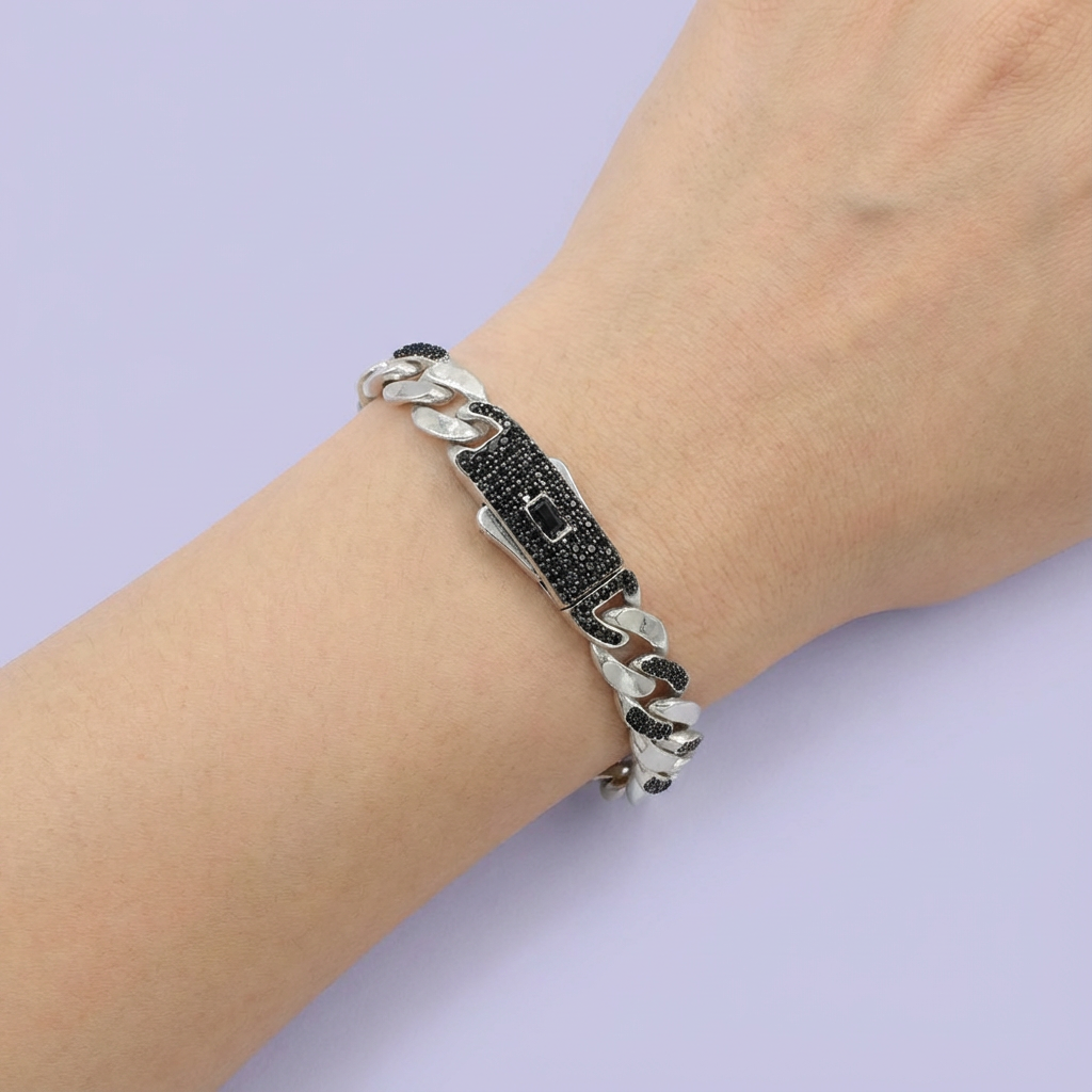 Pulsera de Plata .925 de Tejido Cubano Especial Incrustado de Zirconias en Eslabones mod. 1762