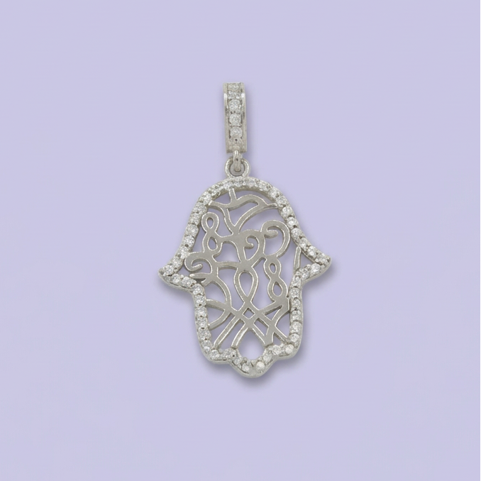 Dije de Plata .925 con Diseño de Mano de Fátima Incrustado de Zirconias mod. 1786