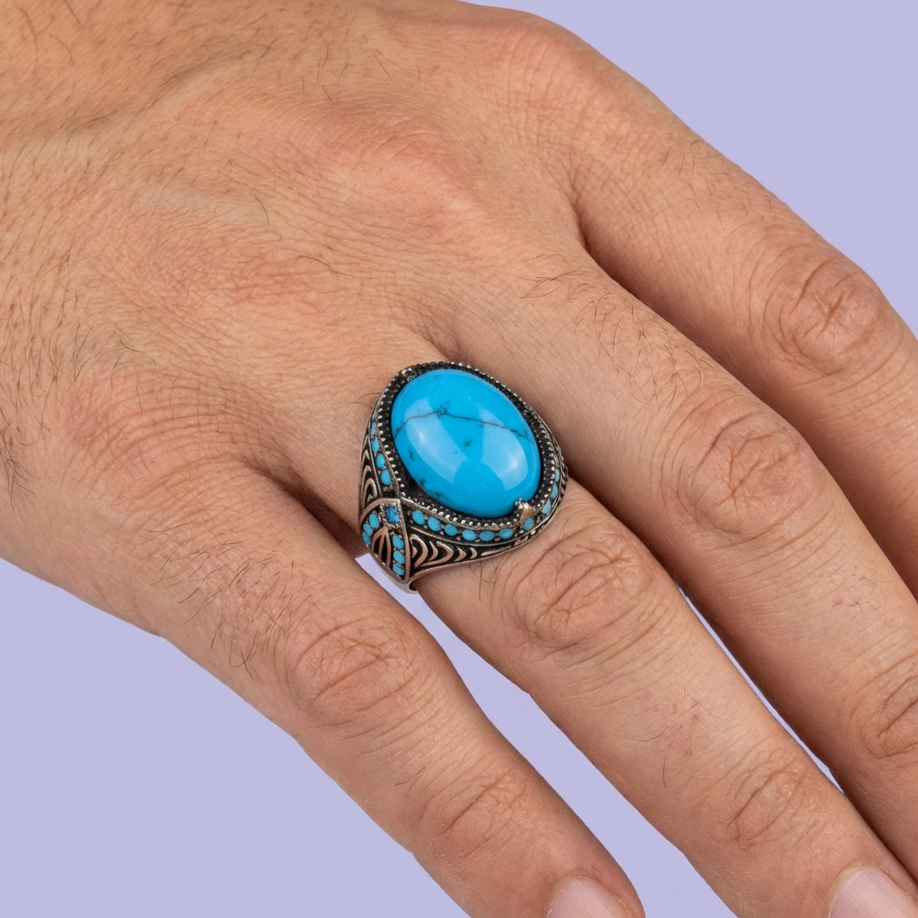Anillo de Plata .925 con Diseño Oval Incrustado de Turquesa mod. 1987