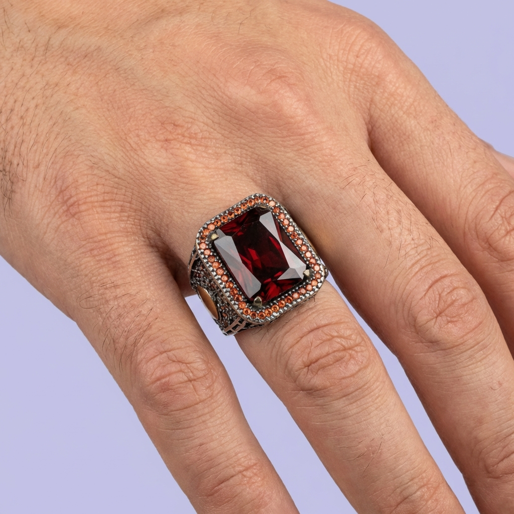 Anillo de Plata .925 Diseño Otomano con Piedra Granate Sangre Pura mod. 1978