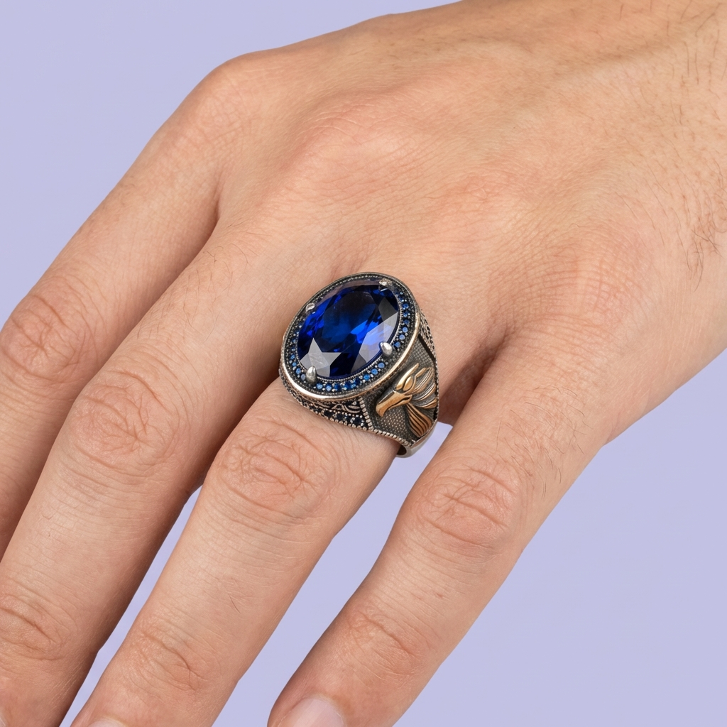Anillo de Plata .925 con Diseño Especial con Zirconia Azul Rey de Corte Fino mod. 1988