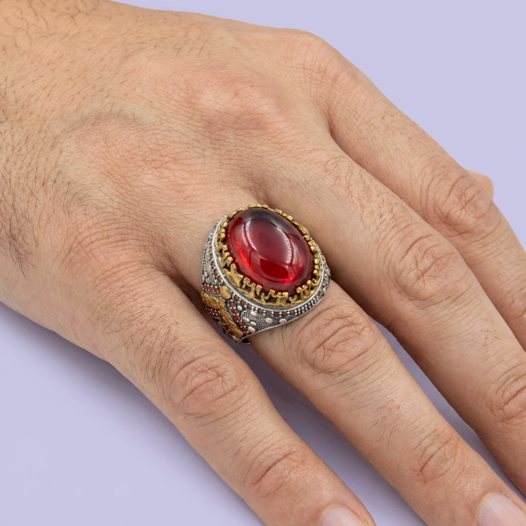 Anillo de Plata .925 Diseño Otomano Estilo Rey de Zirconia Roja mod. 1986