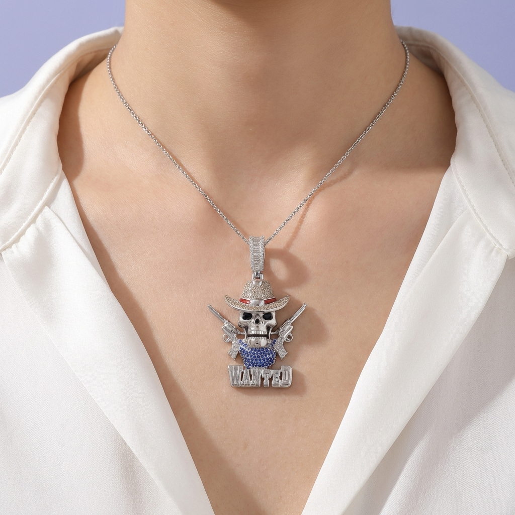 Dije de Plata .925 Diseño de Calavera con Pistolas mod. 2077
