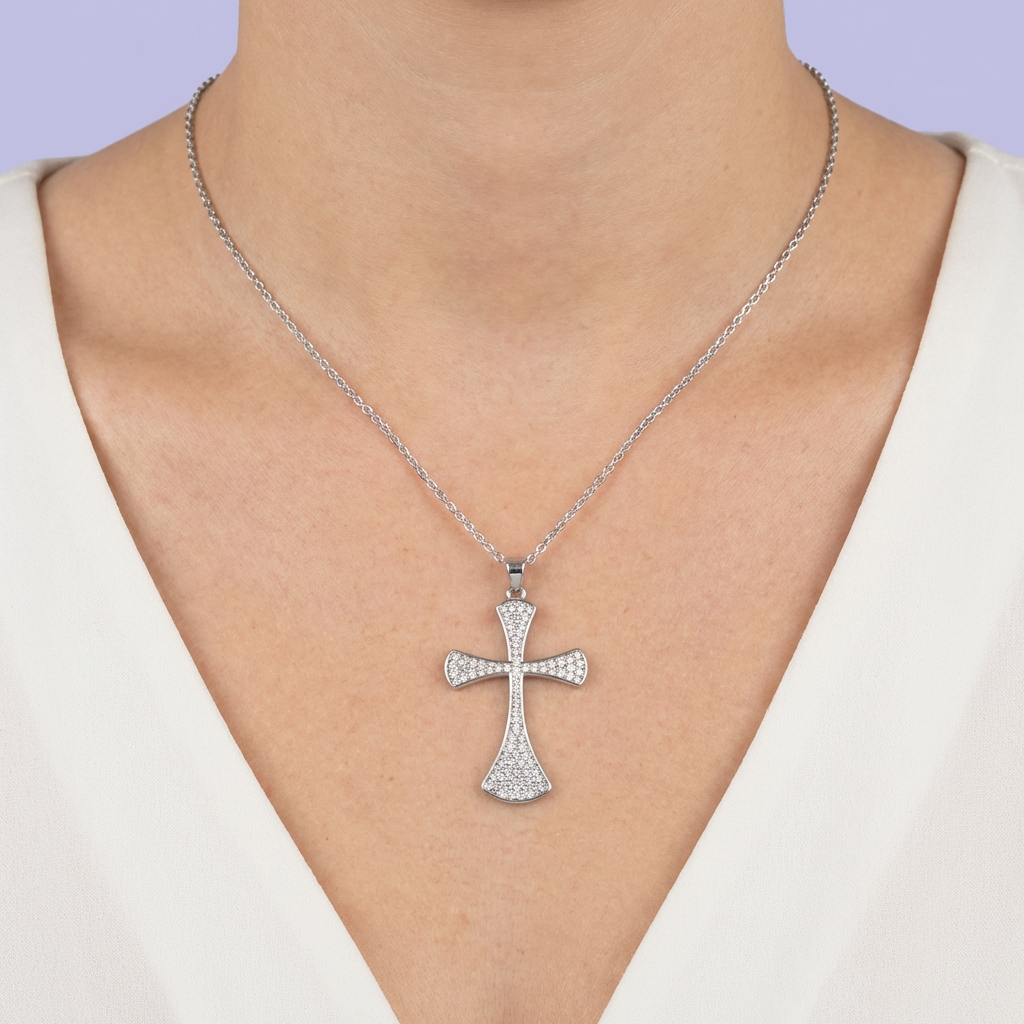 Cruz de Plata .925 Estilo Brillante Incrustada con Zirconias Finas mod. 1962
