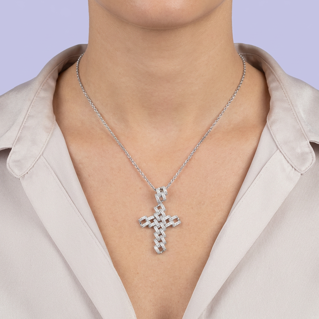 Cruz de Plata .925 Diseño Cubano Hueco con Incrustación de Zirconias mod. 1966