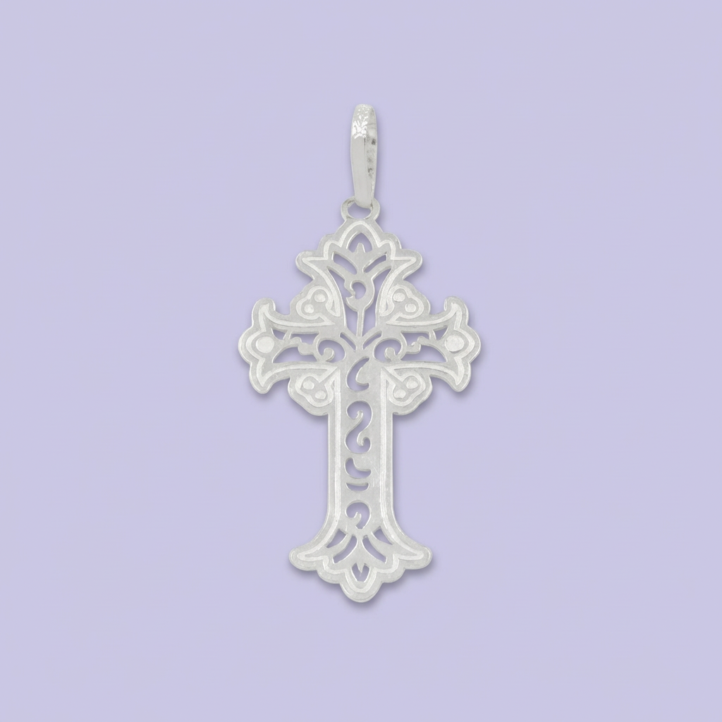 Cruz de Plata .925 Diseño Plano con Calado de Figuras Finas y Grabado Mate mod. 1961