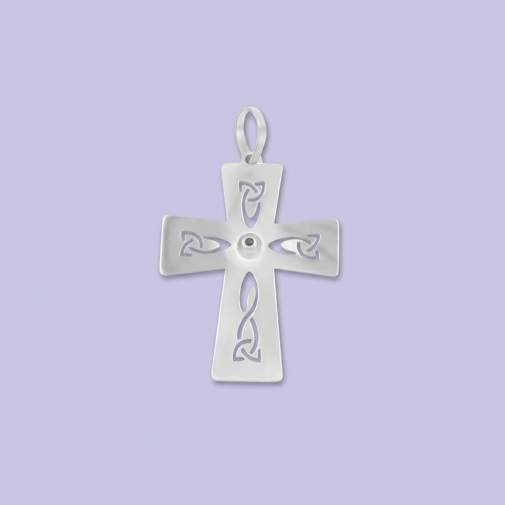 Cruz de Plata .925 de Diseño Plano con Calado y Grabado Mate e Incrustación de Zirconias mod. 1963