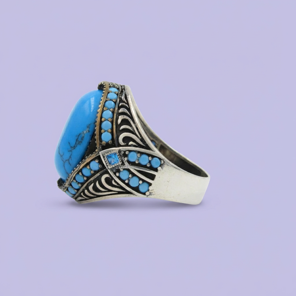 Anillo de Plata .925 con Diseño Oval Incrustado de Turquesa mod. 1987
