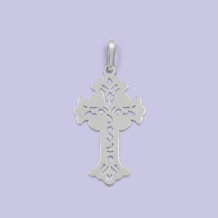 Cruz de Plata .925 Diseño Plano con Calado de Figuras Finas y Grabado Mate mod. 1961