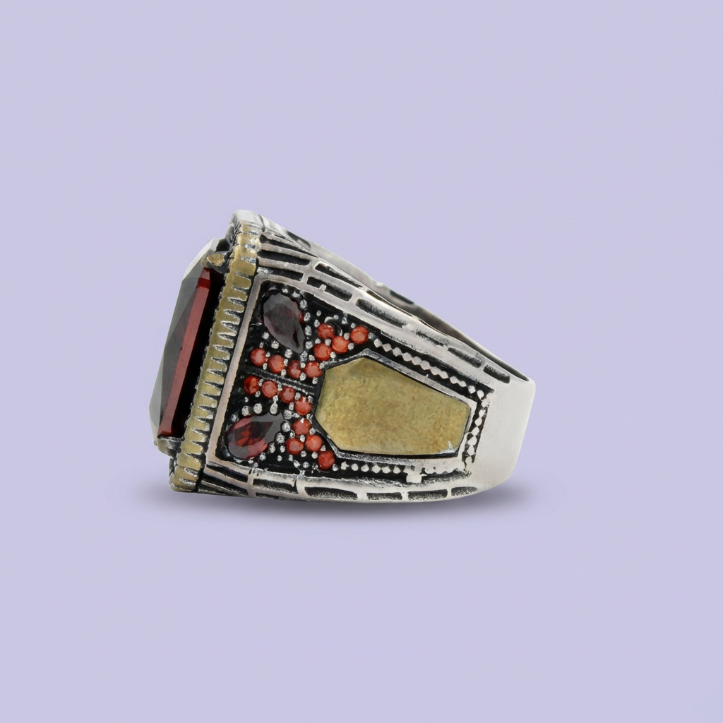 Anillo de Plata .925 Diseño Otomano con Piedra Granate Sangre Pura mod. 1978