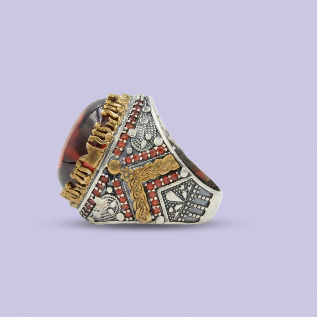 Anillo de Plata .925 Diseño Otomano Estilo Rey de Zirconia Roja mod. 1986