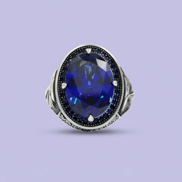 Anillo de Plata .925 con Diseño Especial con Zirconia Azul Rey de Corte Fino mod. 1988