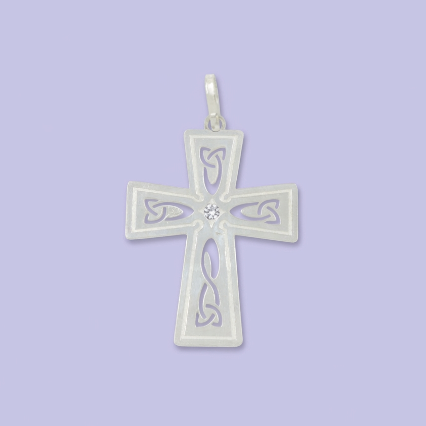 Cruz de Plata .925 de Diseño Plano con Calado y Grabado Mate e Incrustación de Zirconias mod. 1963