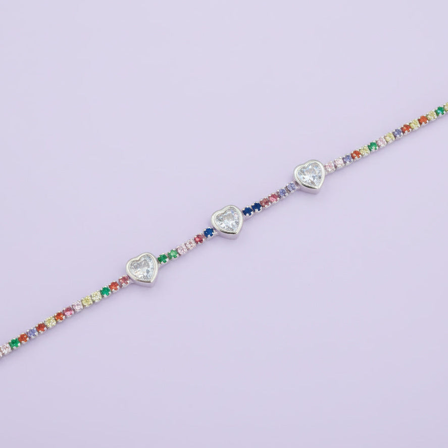 Pulsera de Plata .925 Diseño de Triple Corazón con Incrustado de Zirconias Multicolor mod. 1530