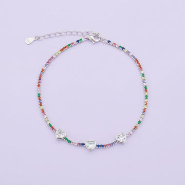 Pulsera de Plata .925 Diseño de Triple Corazón con Incrustado de Zirconias Multicolor mod. 1530
