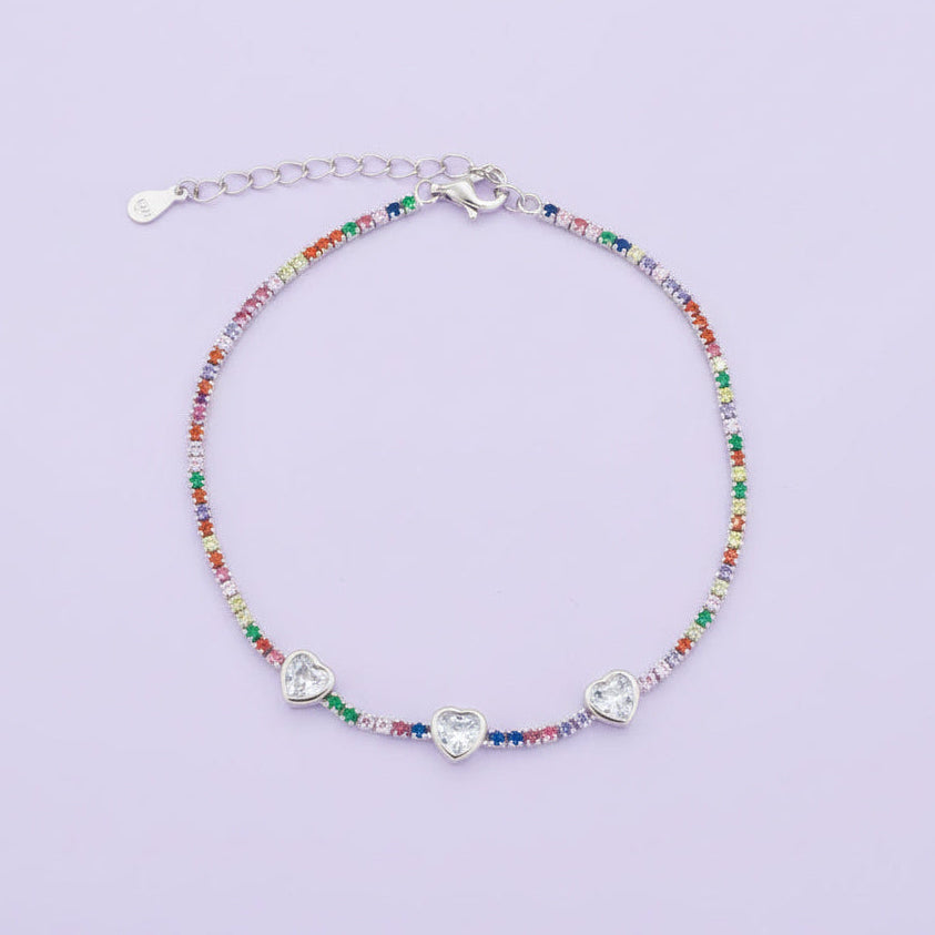 Pulsera de Plata .925 Diseño de Triple Corazón con Incrustado de Zirconias Multicolor mod. 1530