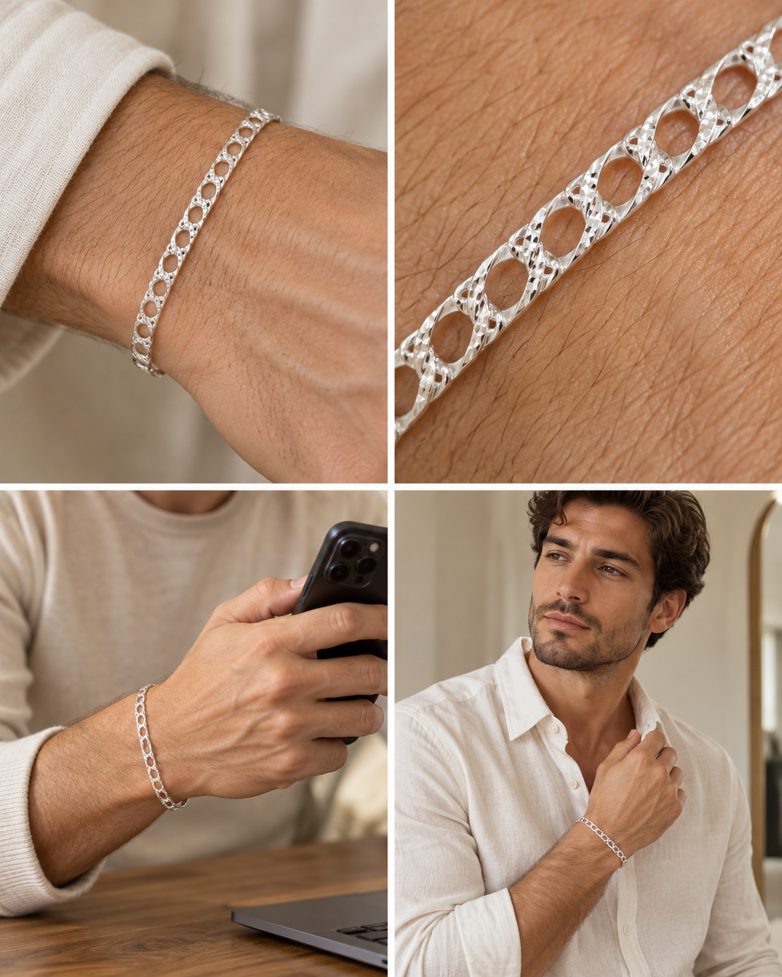 Pulsera de Plata .925.  Tejido Barbado de Eslabón Cuadrado con Diamantado Doble Vista mod. 3243