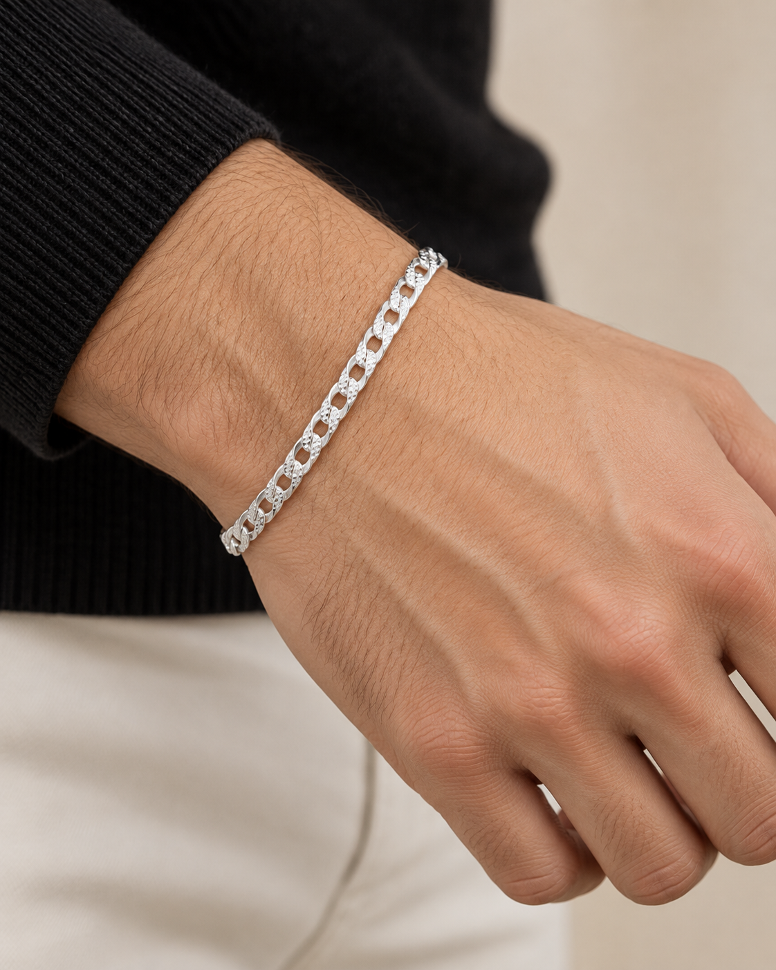 Pulsera de Plata .925.  Tejido Barbado de Eslabón Cuadrado con Diamantado Doble Vista mod. 3243