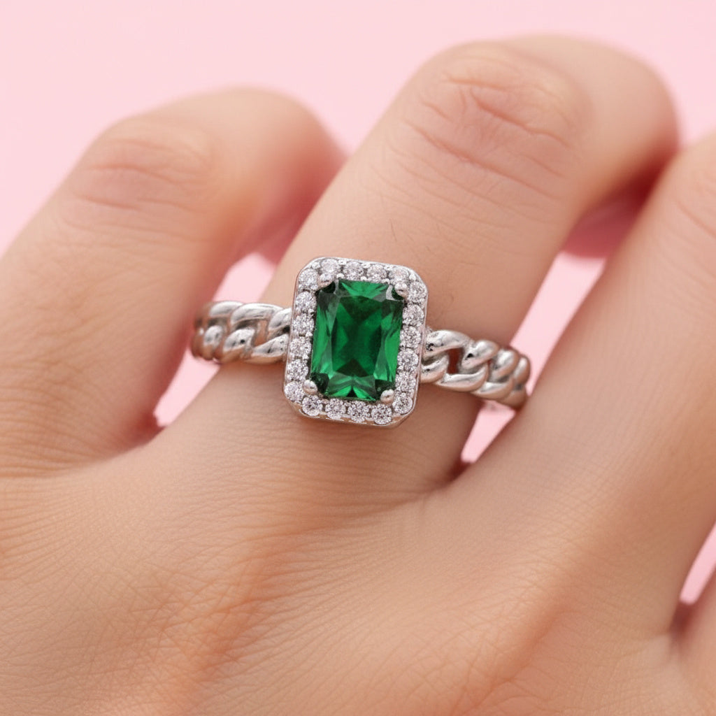 Anillo Solitario de Plata .925 Diseño Cuadrado con Zirconia Verde Esmeralda mod. 1408