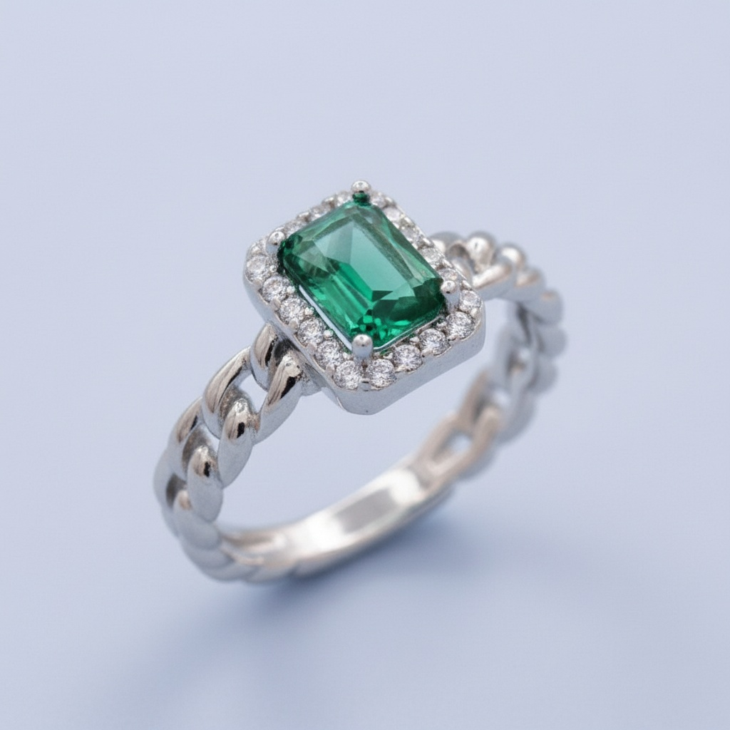 Anillo Solitario de Plata .925 Diseño Cuadrado con Zirconia Verde Esmeralda mod. 1408
