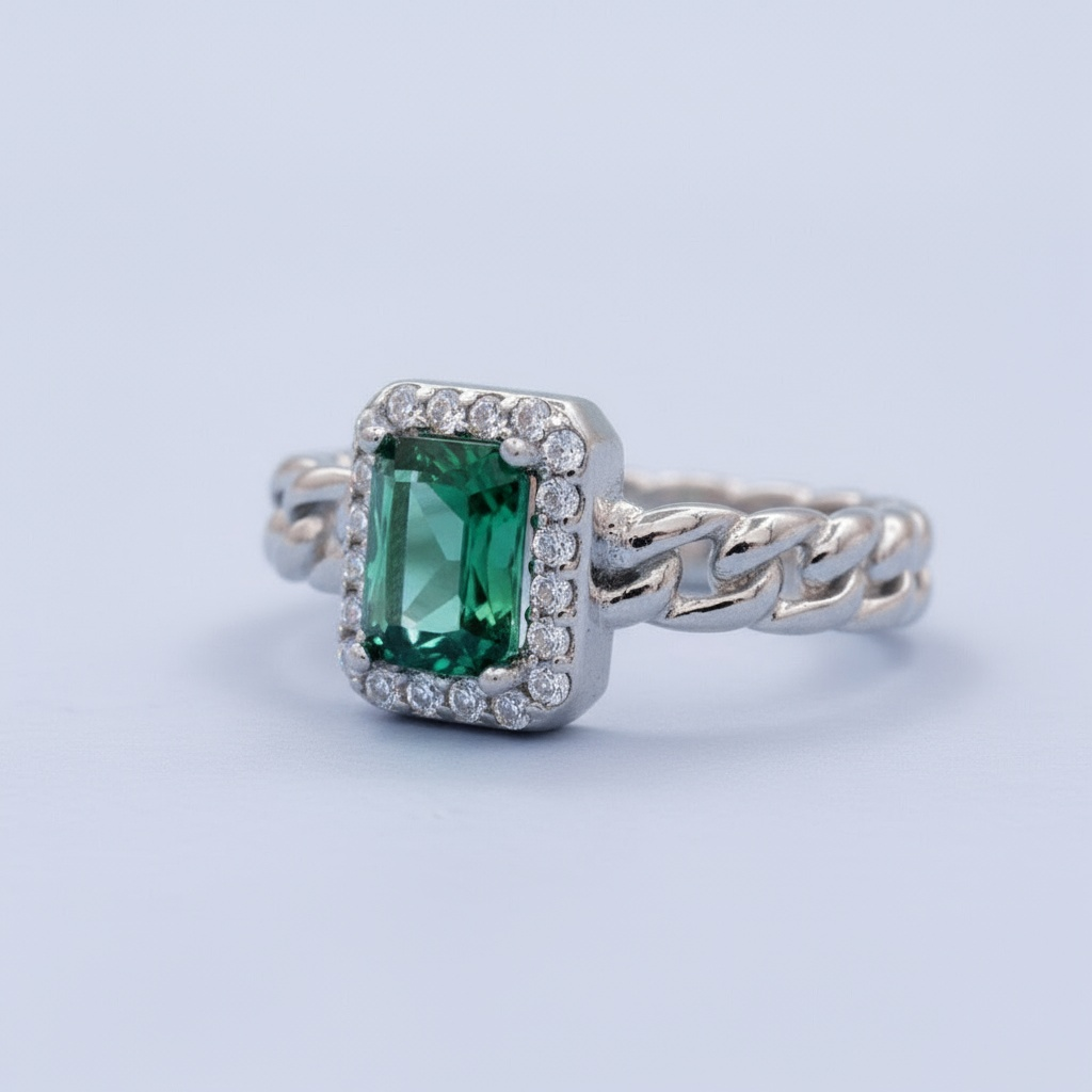 Anillo Solitario de Plata .925 Diseño Cuadrado con Zirconia Verde Esmeralda mod. 1408