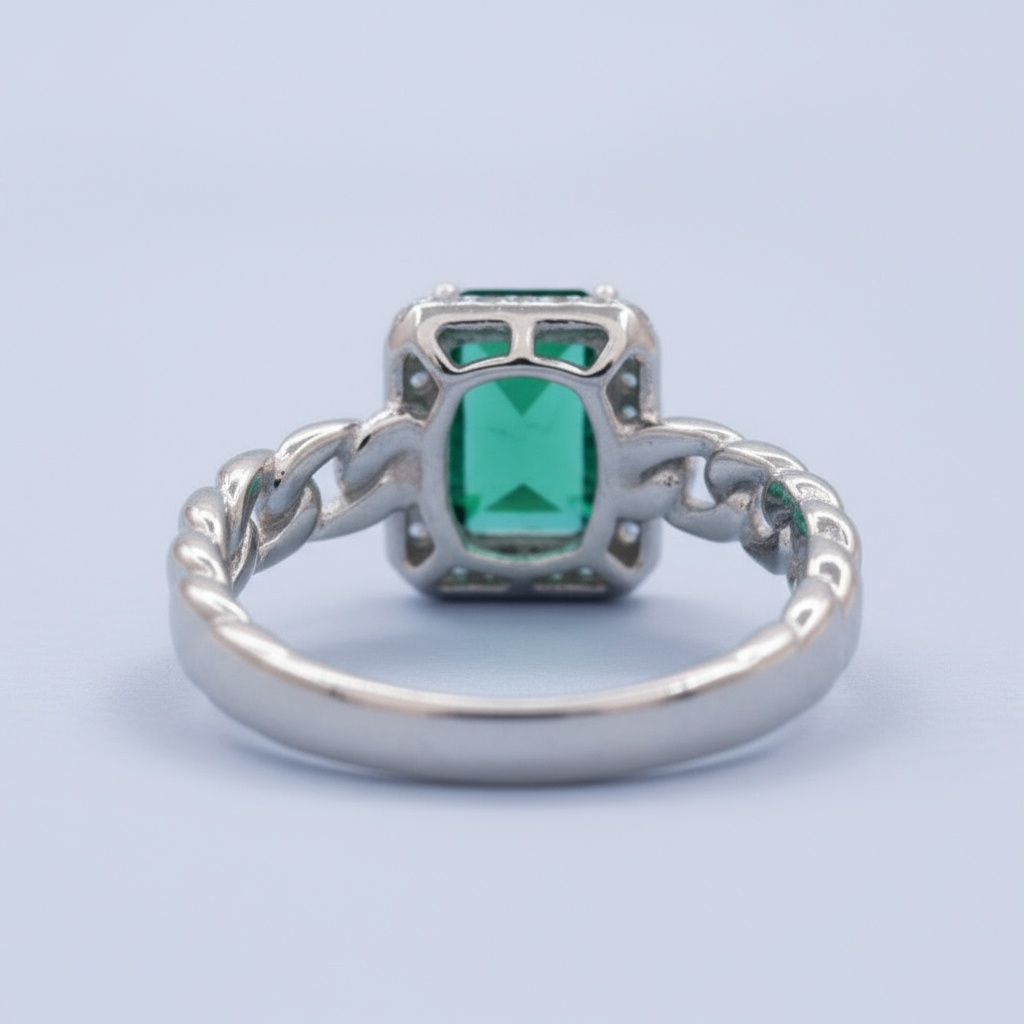 Anillo Solitario de Plata .925 Diseño Cuadrado con Zirconia Verde Esmeralda mod. 1408
