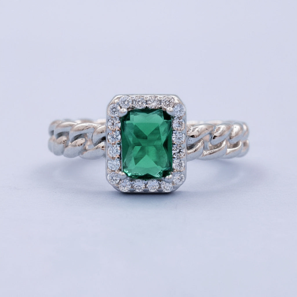 Anillo Solitario de Plata .925 Diseño Cuadrado con Zirconia Verde Esmeralda mod. 1408