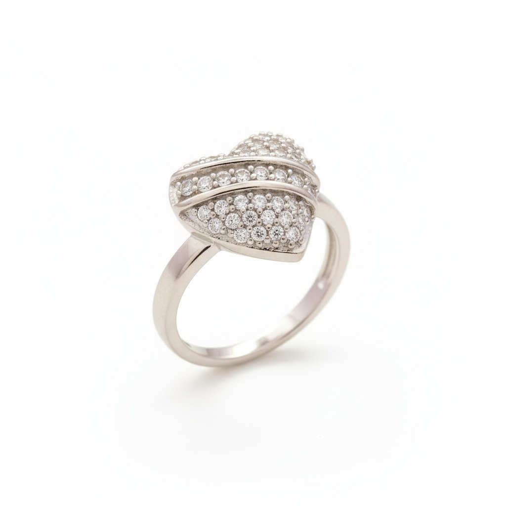 Anillo Solitario de Plata .925 Diseño Corazón con Zirconias Cruzadas mod. 1406