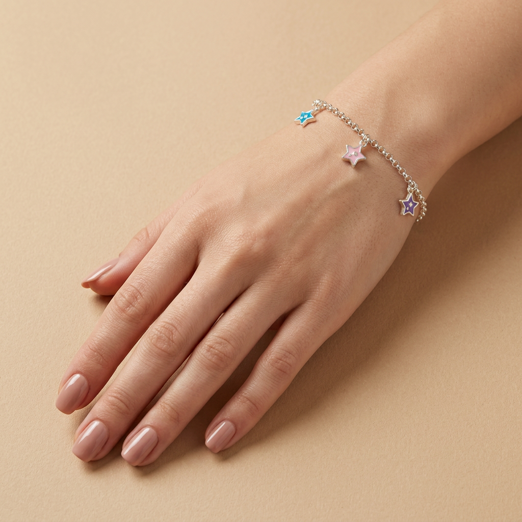 Pulsera de Plata. 925 Diseño de Estrellas Morado, Rosa y Verde Colgante con Extensión mod.3270