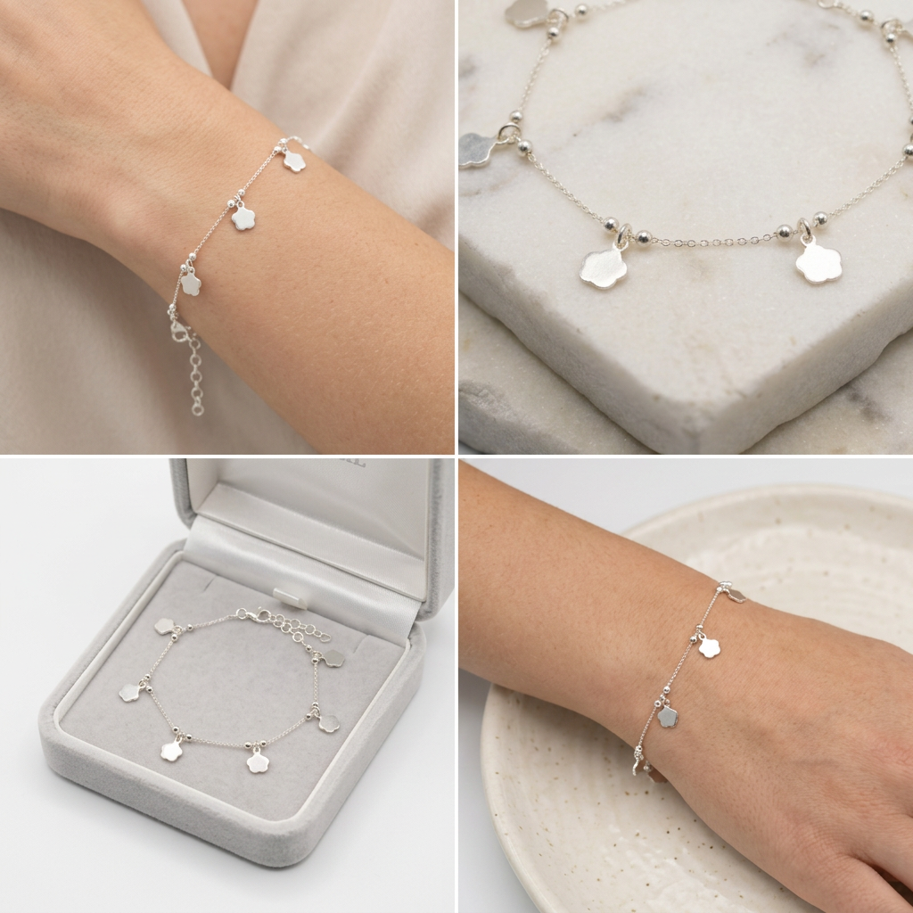 Pulsera de Plata. 925 Diseño Flores Lisas con Colgantes Elegantes y Extención mod.3277