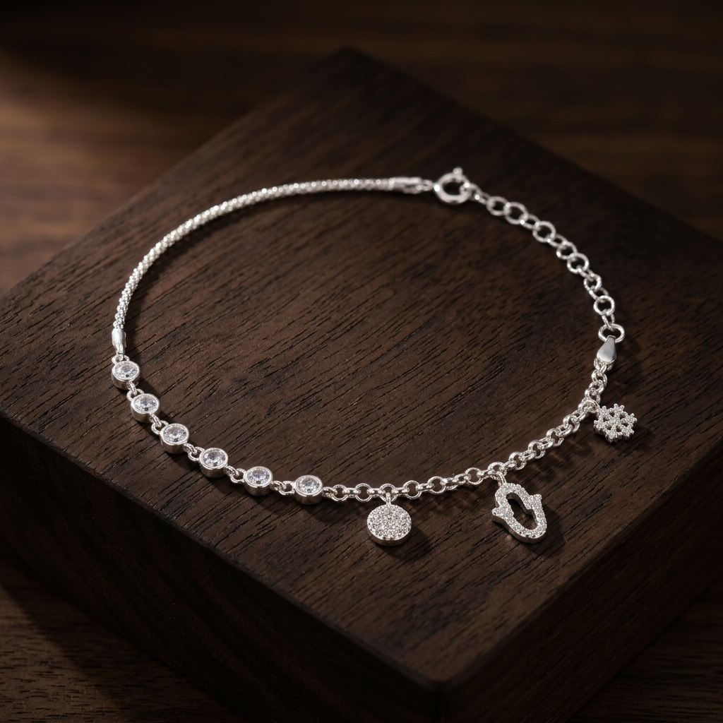 Pulsera de Plata. 925 con Colgante de Ancla y Mano de Fátima mod.3273