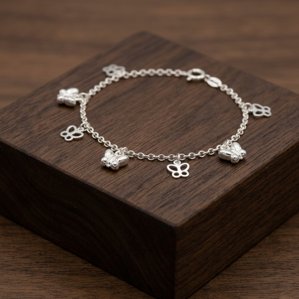 Pulsera de Plata. 925 con Mariposas Lisas y Caladas con Colgante y Extensión mod.3281