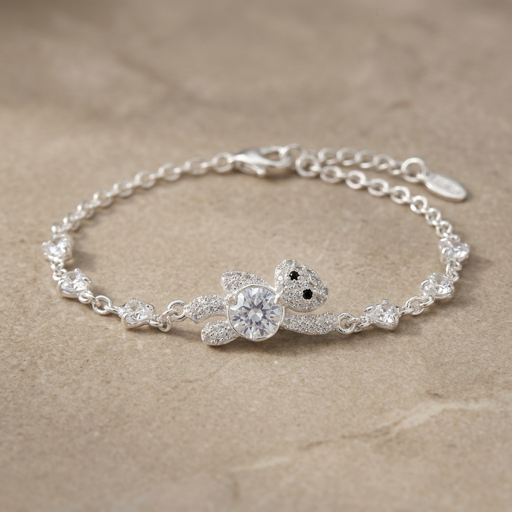Pulsera de Plata. 925 Diseño de Oso y Corazones e Incrustación de Zirconias  mod.3267