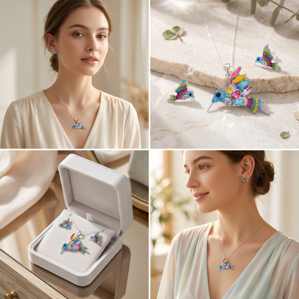 Coordinado de Plata .925Con Diseño de Colibrí Azul y Zirconia mod. 3246