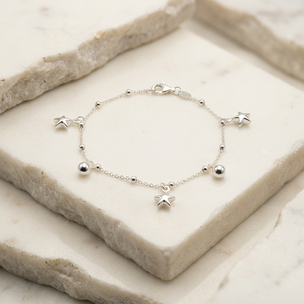 Pulsera de Plata. 925  con Tejido de Puntos y Estrellas con Esferas Colgantes mod.3284