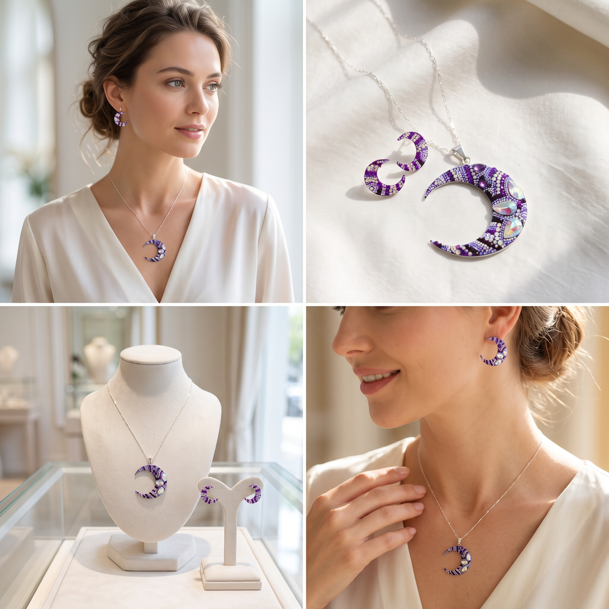 Coordinado de Plata .925 Con Diseño de Luna Morada y Zirconia mod. 3247
