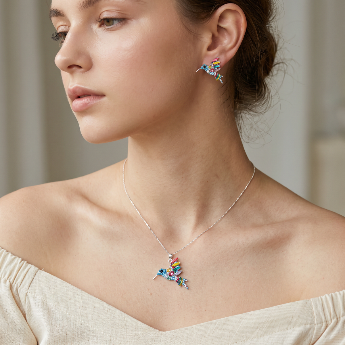 Coordinado de Plata .925Con Diseño de Colibrí Azul y Zirconia mod. 3246