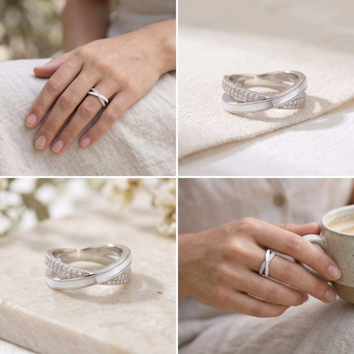 Anillo de Plata. 925 Con Diseño de X Con Madre Perla e Incrustación de Zirconia mod.3252