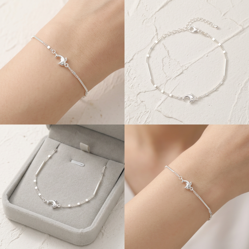 Pulsera de Plata. 925 con Tejido Combinado y Colgante de Delfin con Extensión mod.3275