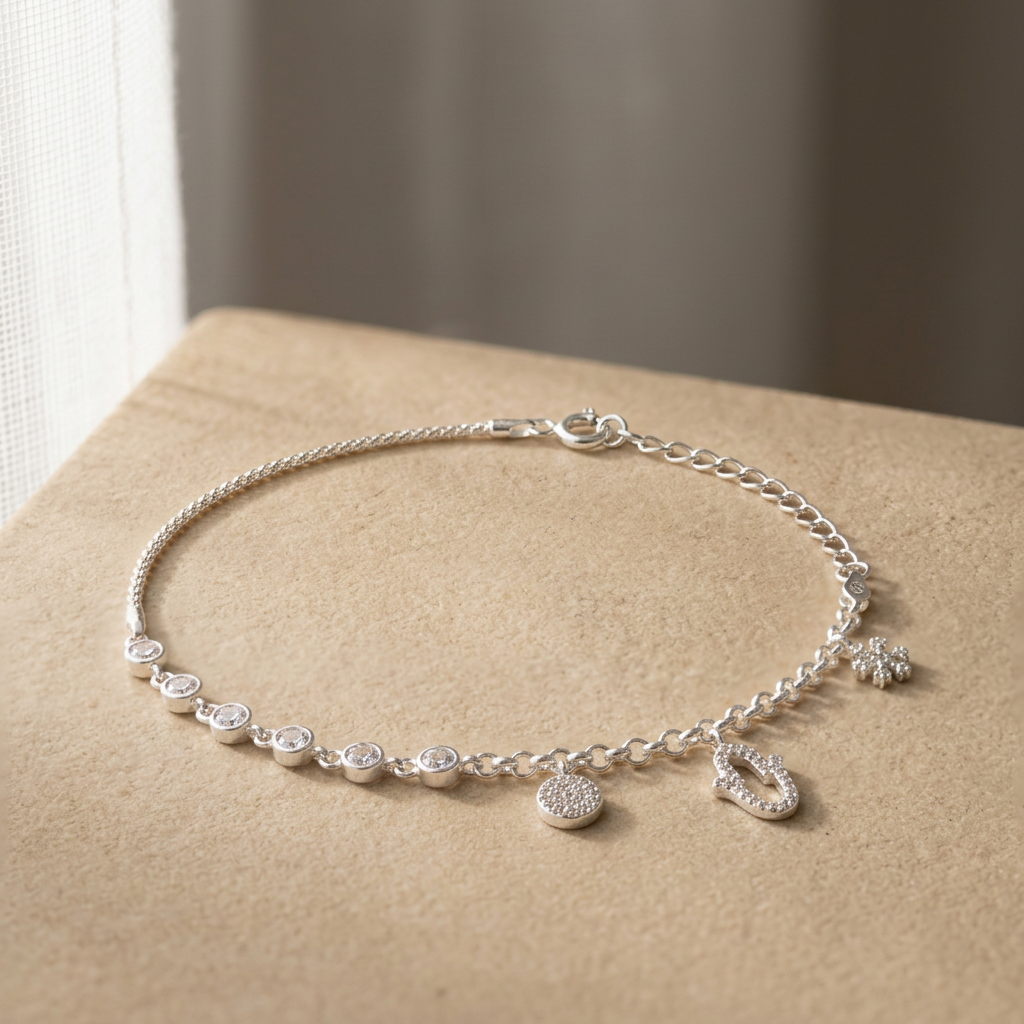 Pulsera de Plata. 925 con Colgante de Ancla y Mano de Fátima mod.3273